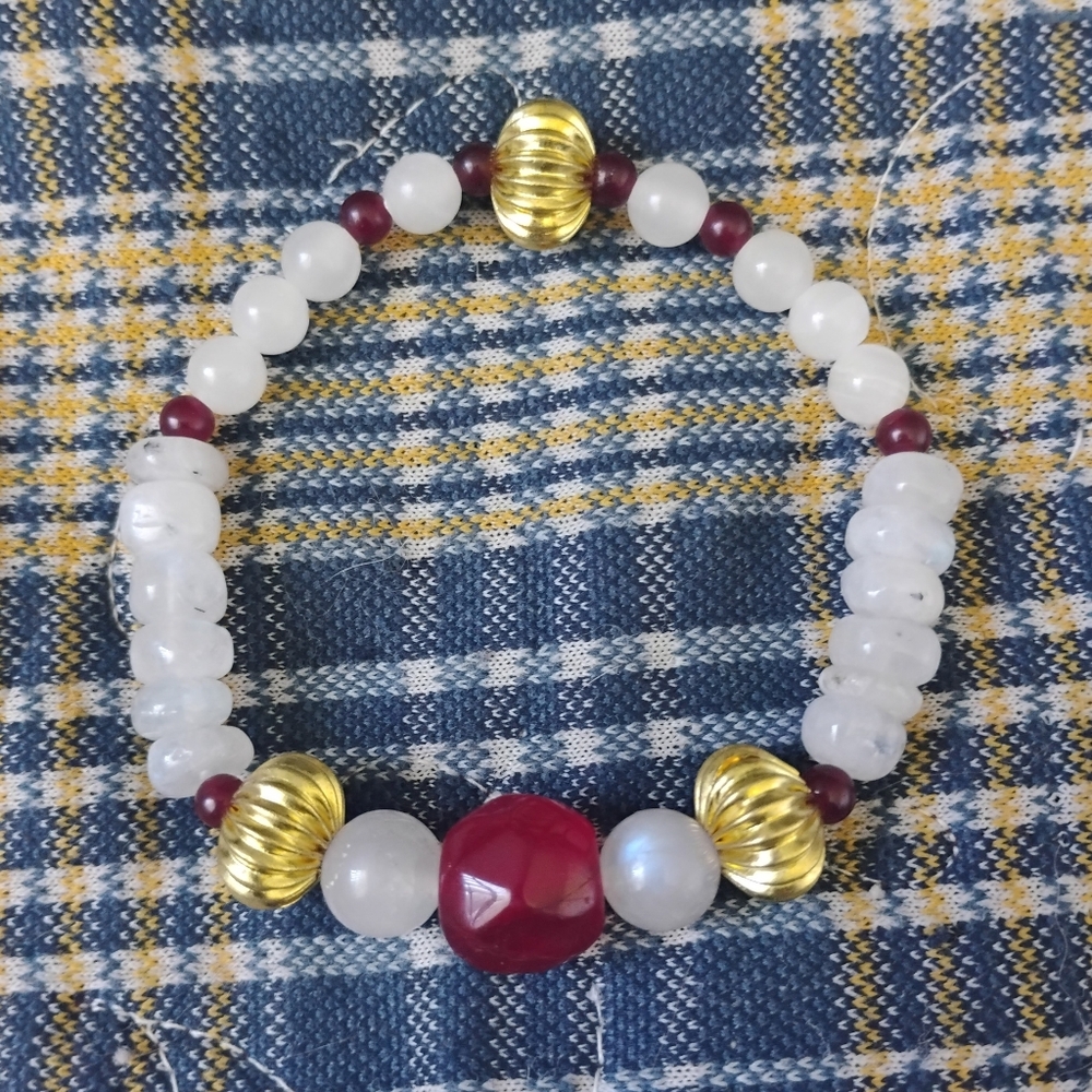 Rainbow Moonstone And Ruby Stretch Bracelet